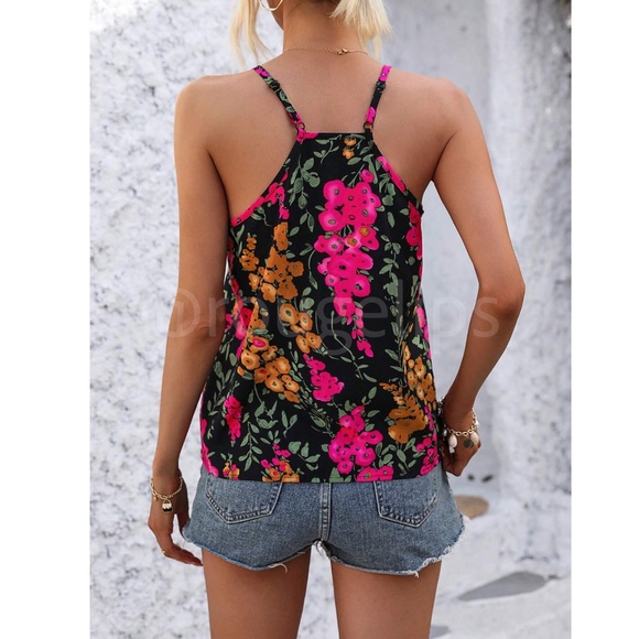 Lace Detail Multicolor Floral Print Cami Top Spaghetti Straps Black Pink - Picture 4 of 8